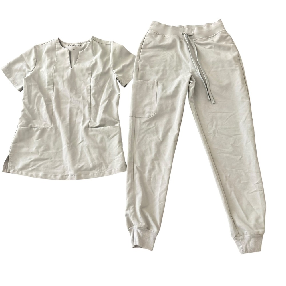 Mandala Womens XXS Scrub Set Light Grey Equa-Tek Notch Neck Top Jogger Pants